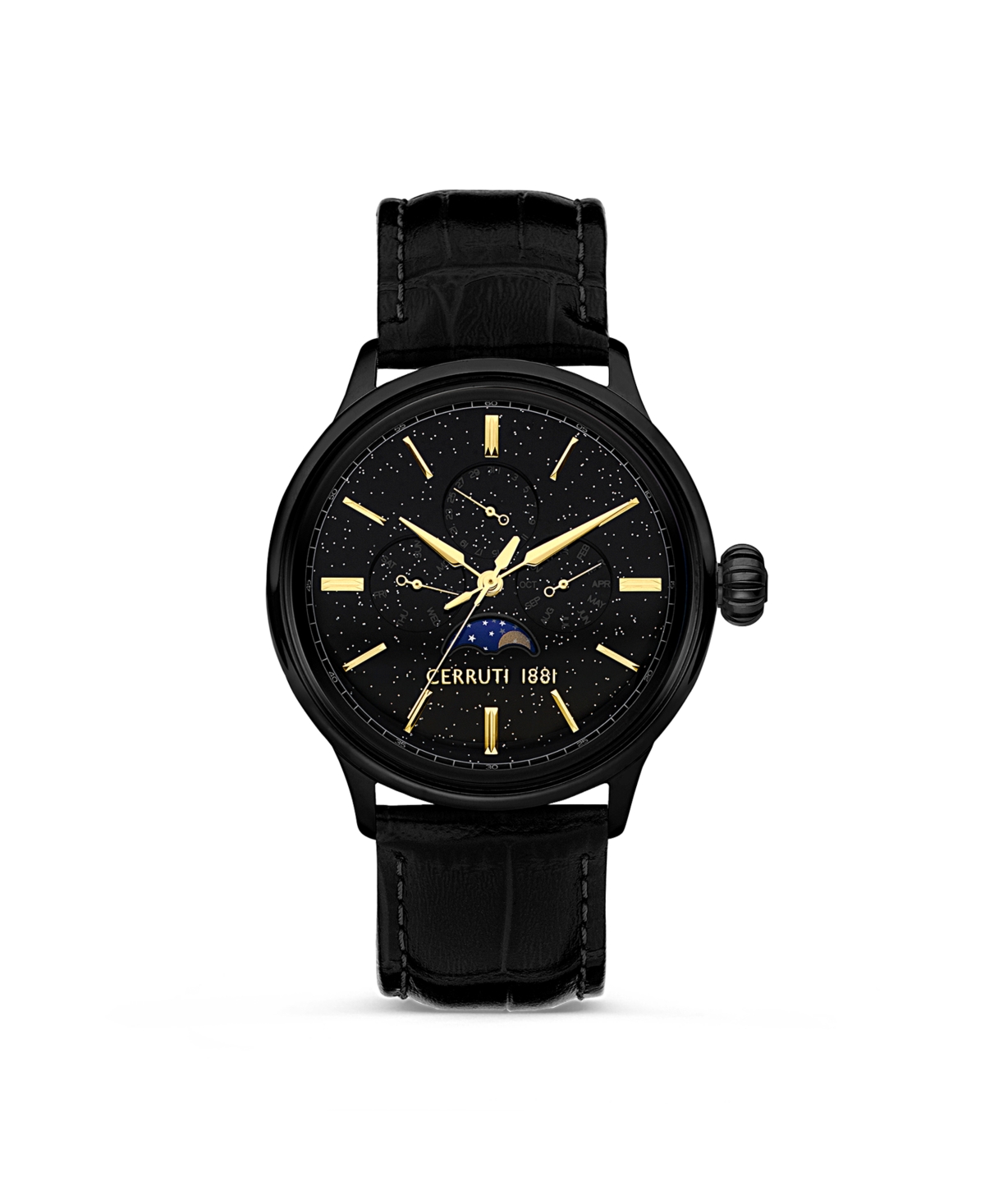 Cerruti 1881 Men's Dervio Collection Black Genuine Leather Strap Watch 43mm