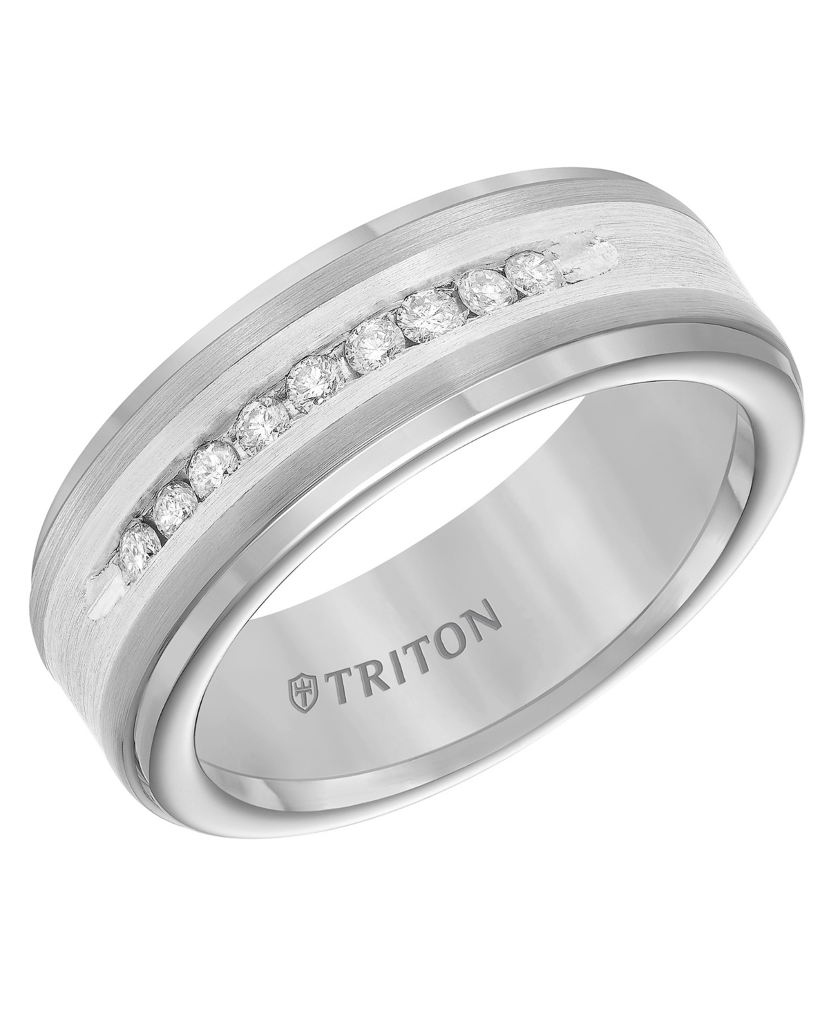Shop Triton Men's Diamond Satin Finish Comfort Fit Wedding Band (1/4 Ct. T.w.) In Tungsten Carbide & Sterling Si In Sterling Silver