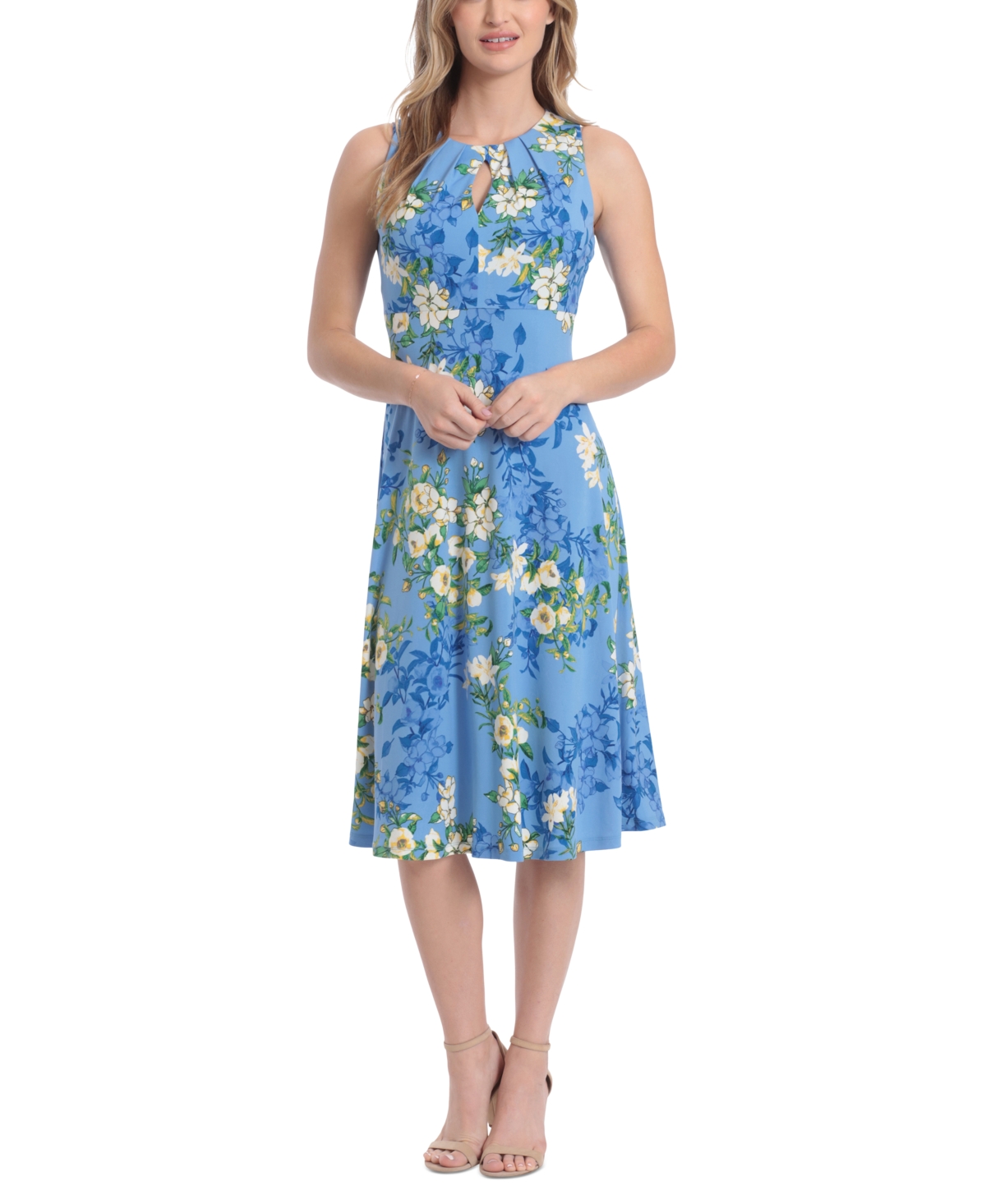 Petite Pleated Keyhole Floral-Print Midi Dress - Blue