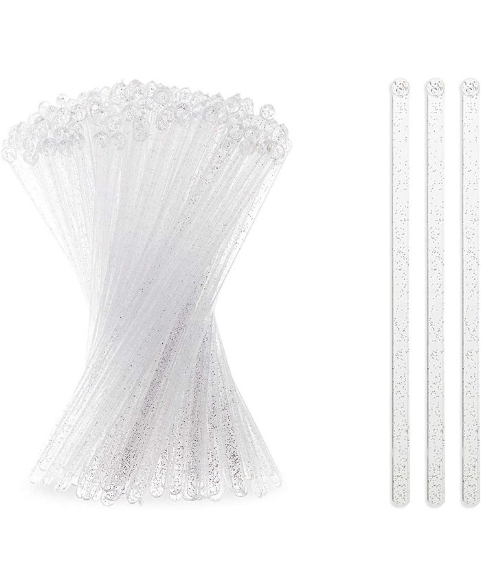 Sparkle and Bash Silver Glitter Swizzle Sticks for Cocktails, Clear