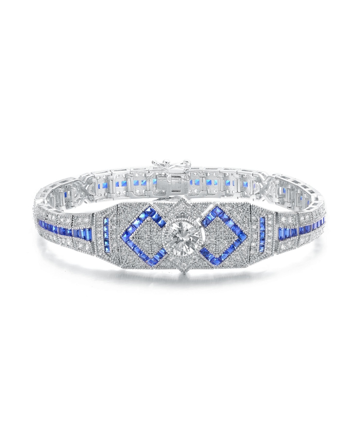 Genevive Sterling Silver Clear Round and Blue Baguette Cubic Zirconia Link Bracelet