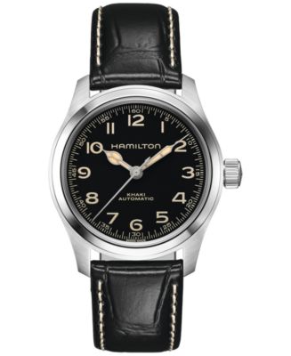 Hamilton Men's Swiss Automatic Khaki Field Black Leather Strap Watch 38mm -  Macy's