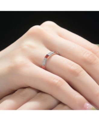 Sterling Silver White Gold Plated with Red Baguette & Round  Cubic Zirconia Eternity Band Stacking Ring