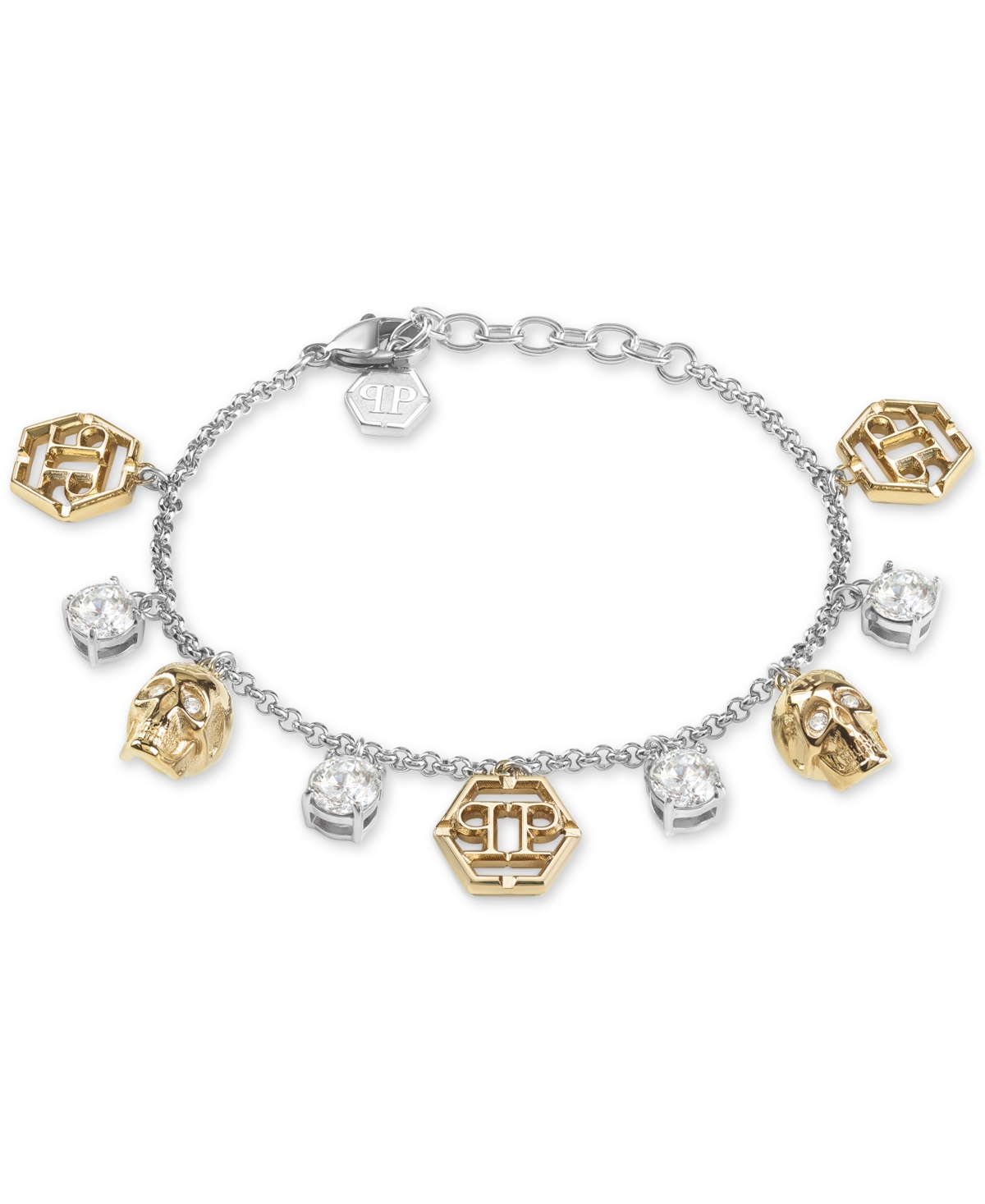 Shop Philipp Plein Two-tone Stainless Steel Crystal, 3d $kull & Hexagon Logo Charm Bracelet In Two Tone