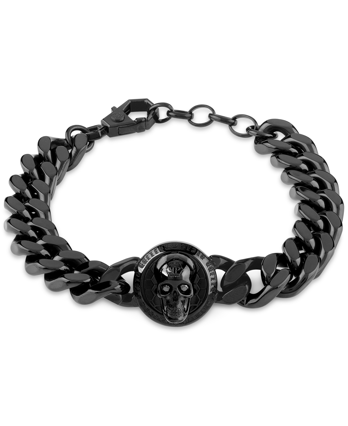 Black-Tone Ip Stainless Steel 3D $kull Cuban Link Bracelet - Ip Black
