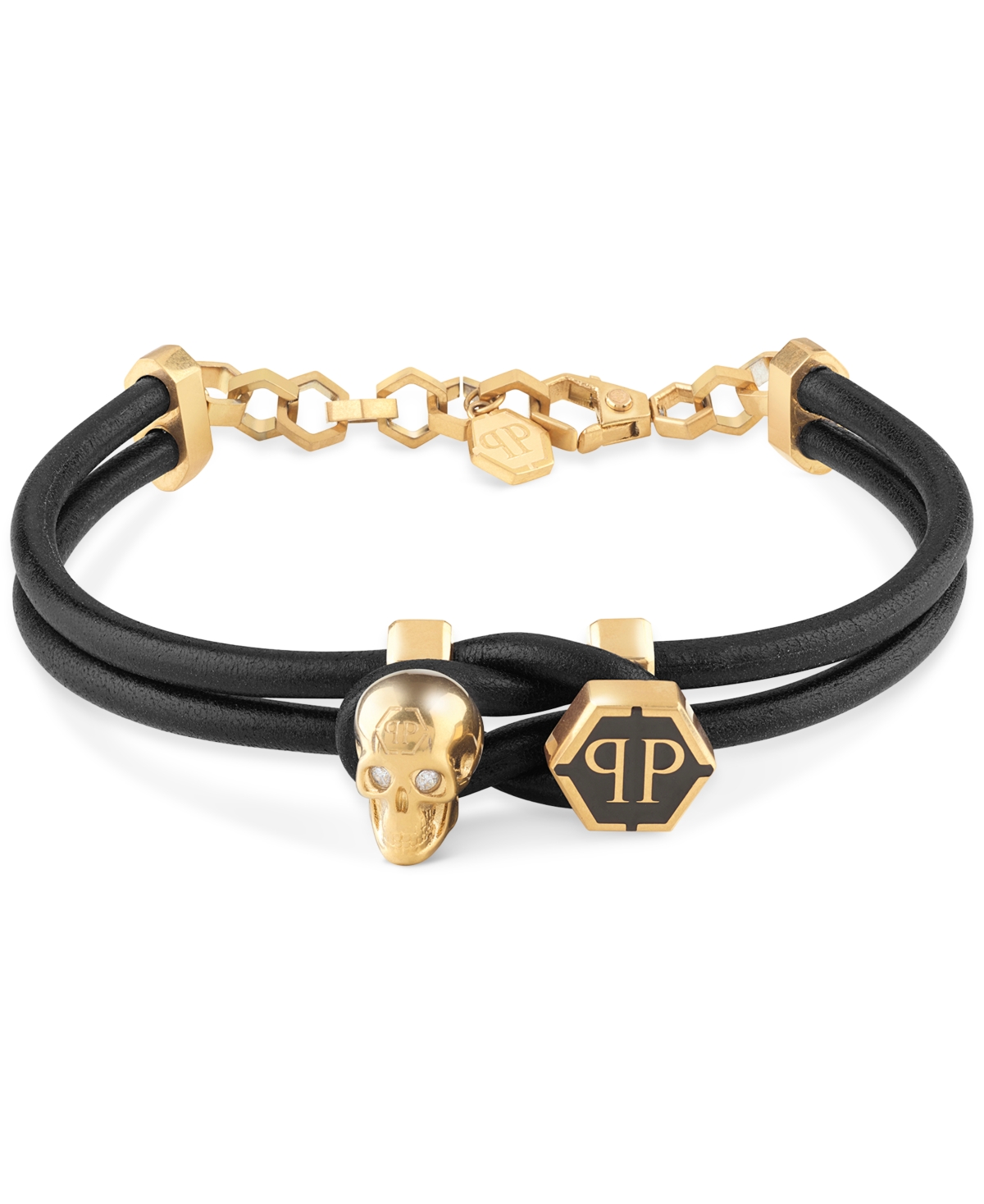 Philipp Plein Gold-tone Ip Stainless Steel 3d $kull & Logo Leather Flex Bracelet In Black/gold