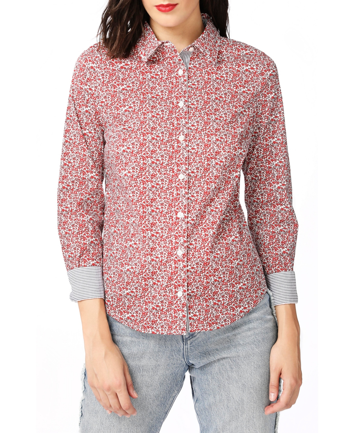 Women's Long Sleeve Sweet Ditsy Fields Button Down Shirt - Bright Rouge
