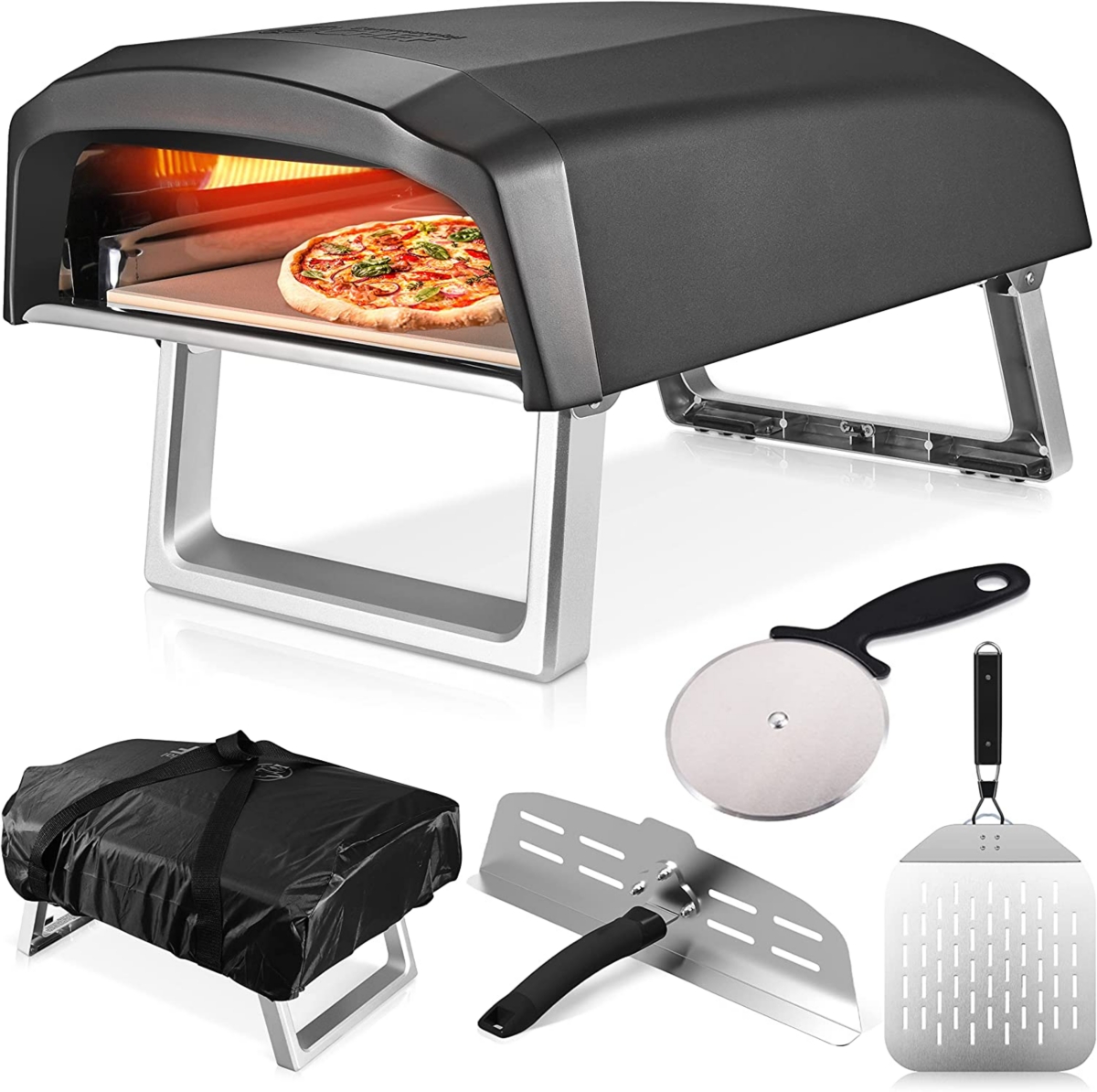 Propane Gas Pizza Oven with Dual Burner System includes Baffle Door, Peel, 12" Stone, Cutter, and Cover