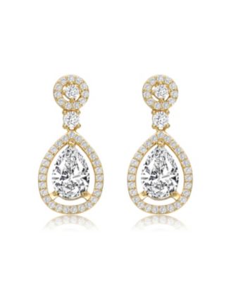 Sterling Silver with 14K Gold Plated Clear Round Cubic Zirconia Pear Drop Earrings