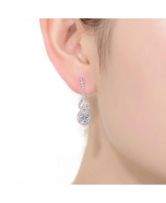 Sterling Silver with Rhodium Plated Clear Pear and Round Cubic Zirconia Halo with Open Pear Drop Earrings