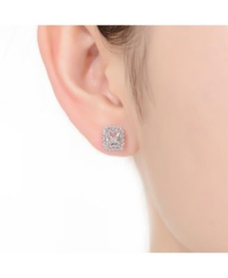 Sterling Silver with Rhodium Plated Clear Green and Round Cubic Zirconia Halo Stud Earrings