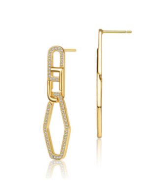 Sterling Silver 14K Gold Plated Clear Cubic Zirconia Square Drop Butterfly Earrings