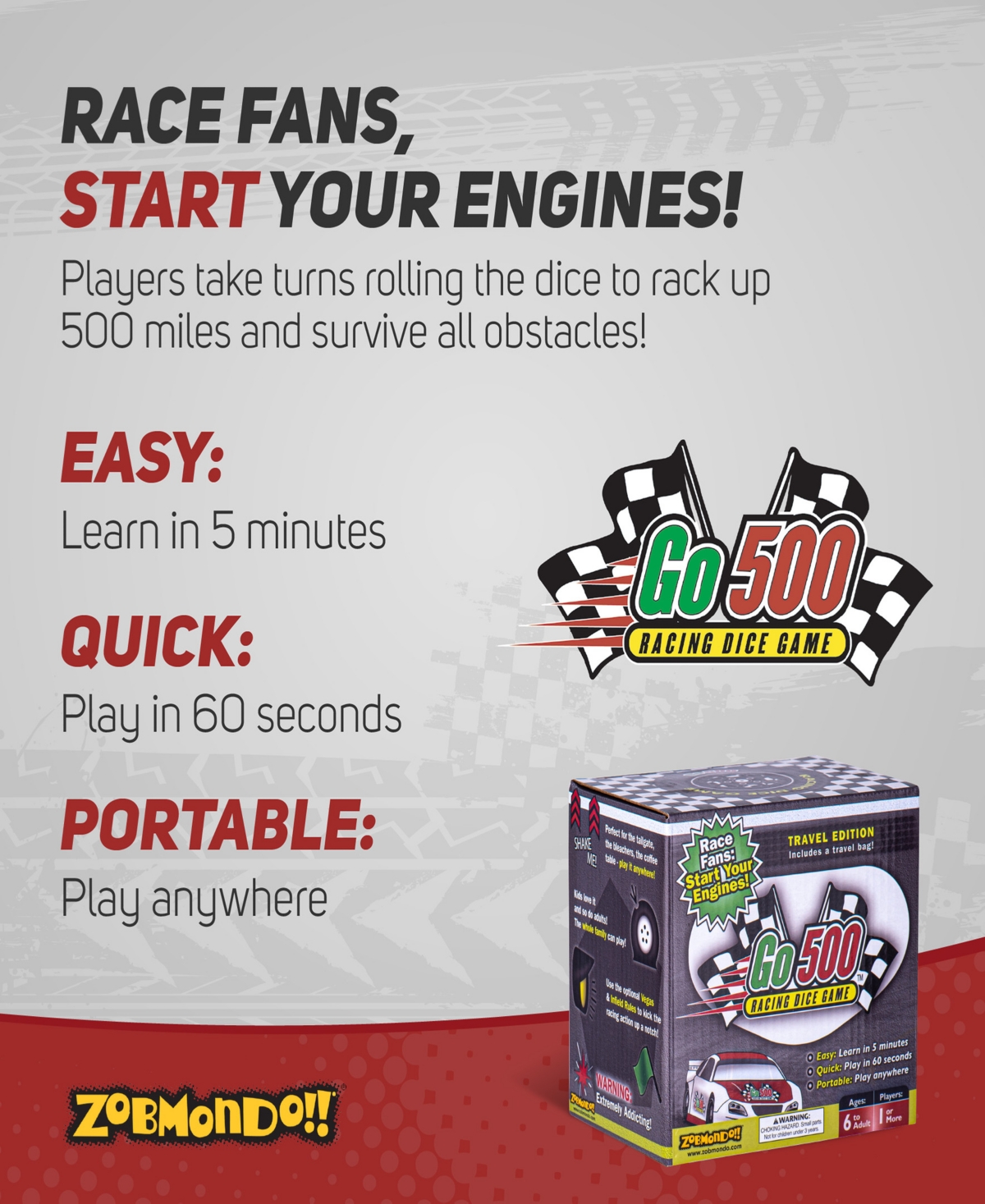 Zobmondo Go500 Racing Dice Table Game For Adults And Family Sports Fans In Multi