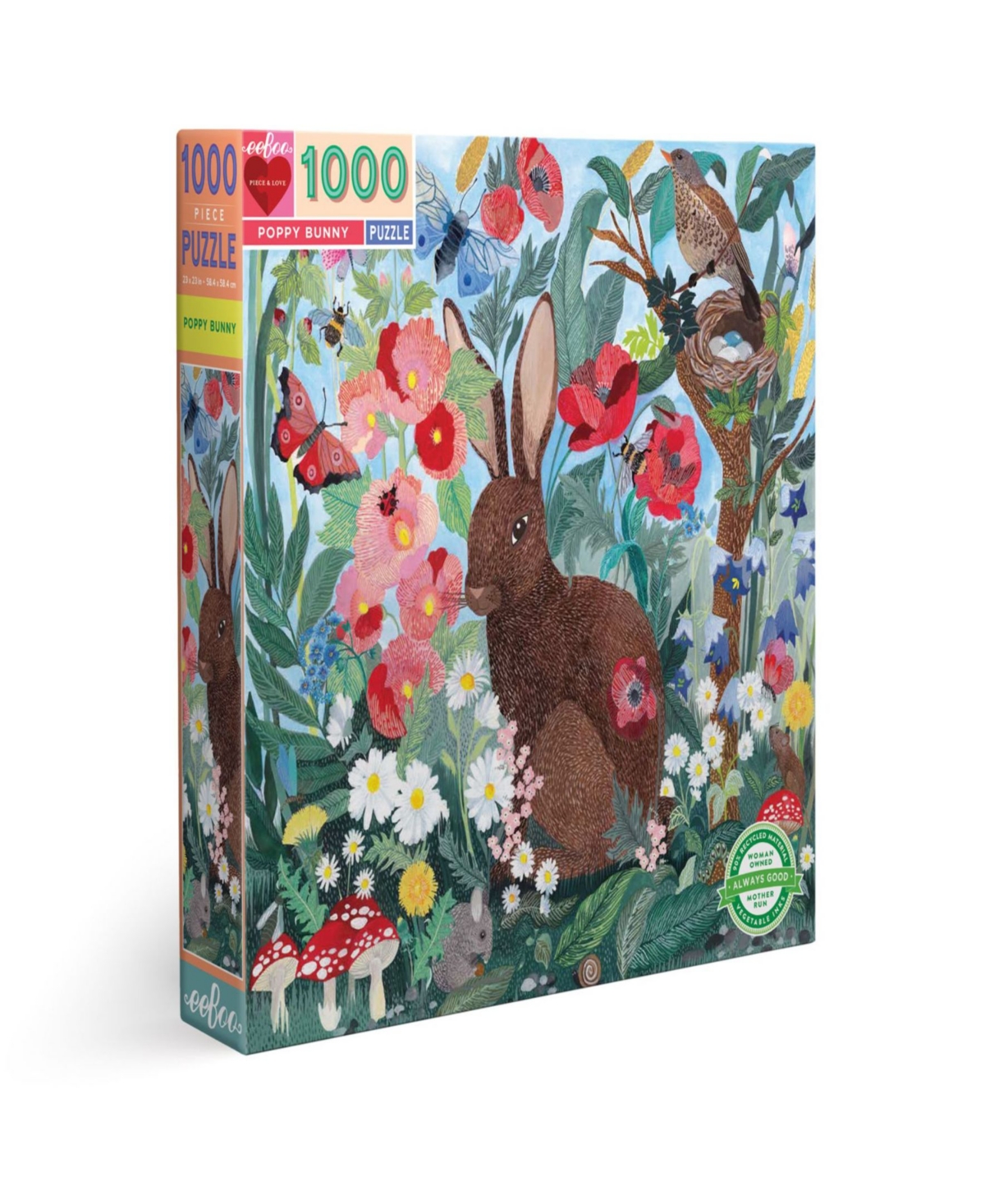 Eeboo Piece And Love Poppy Bunny Square Adult Jigsaw Puzzle Set, 1000 Piece In Multi