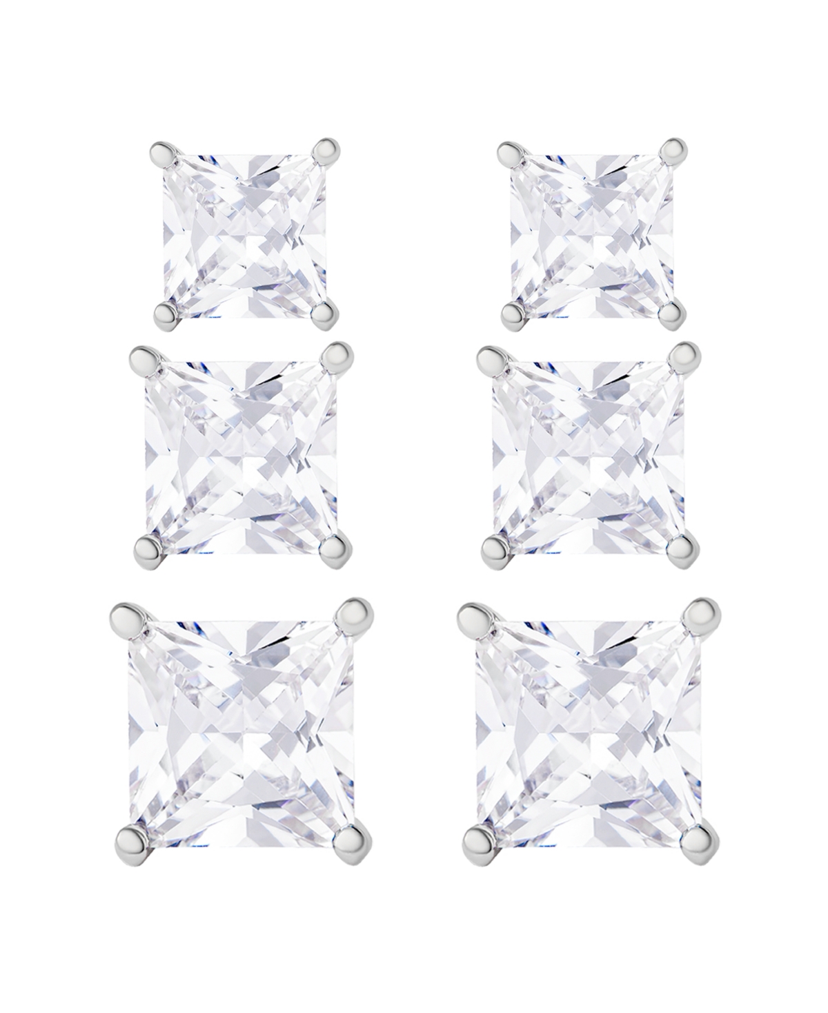 Macy's 3 Pairs Square Cubic Zirconia Stud Set In Silver
