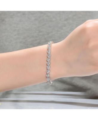 Sterling Silver with Rhodium Plated Clear Round Cubic Zirconia 3-Stone Triangular Link Bracelet