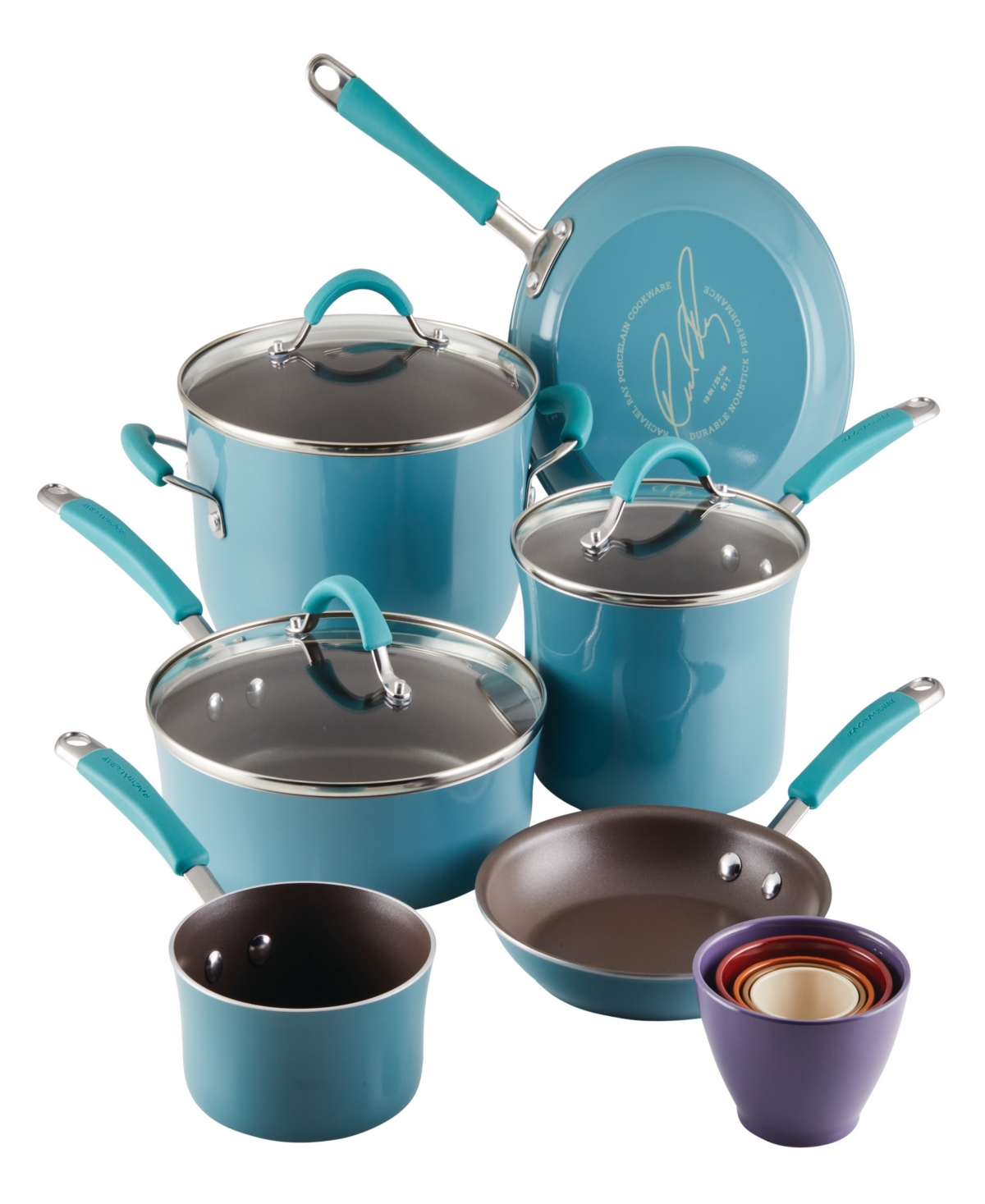 Rachael Ray Cucina Porcelain Enamel 14 Piece Nonstick Cookware And Measuring Cup Set In Agave Blue