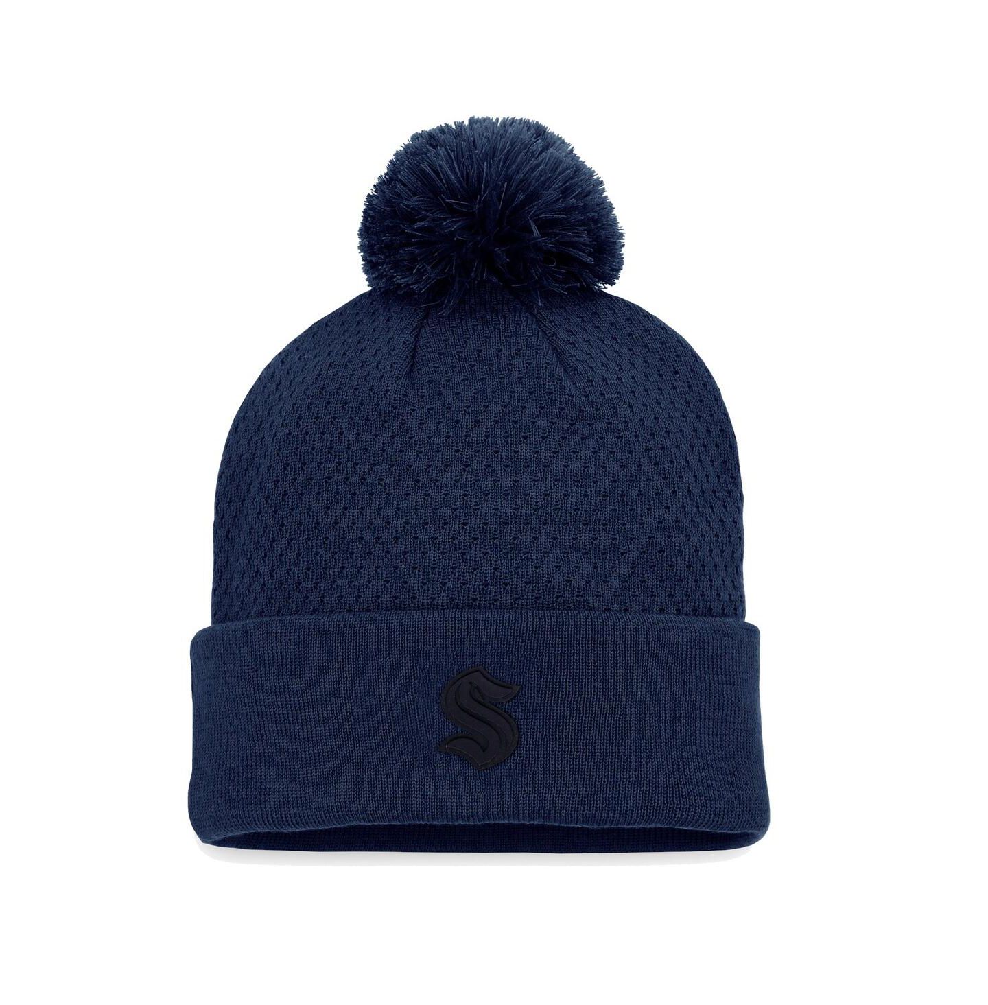 Женская шапка Fanatics Deep Sea Blue Seattle Kraken Authentic Pro Road Cuffed Knit Hat with Pom — фото 1
