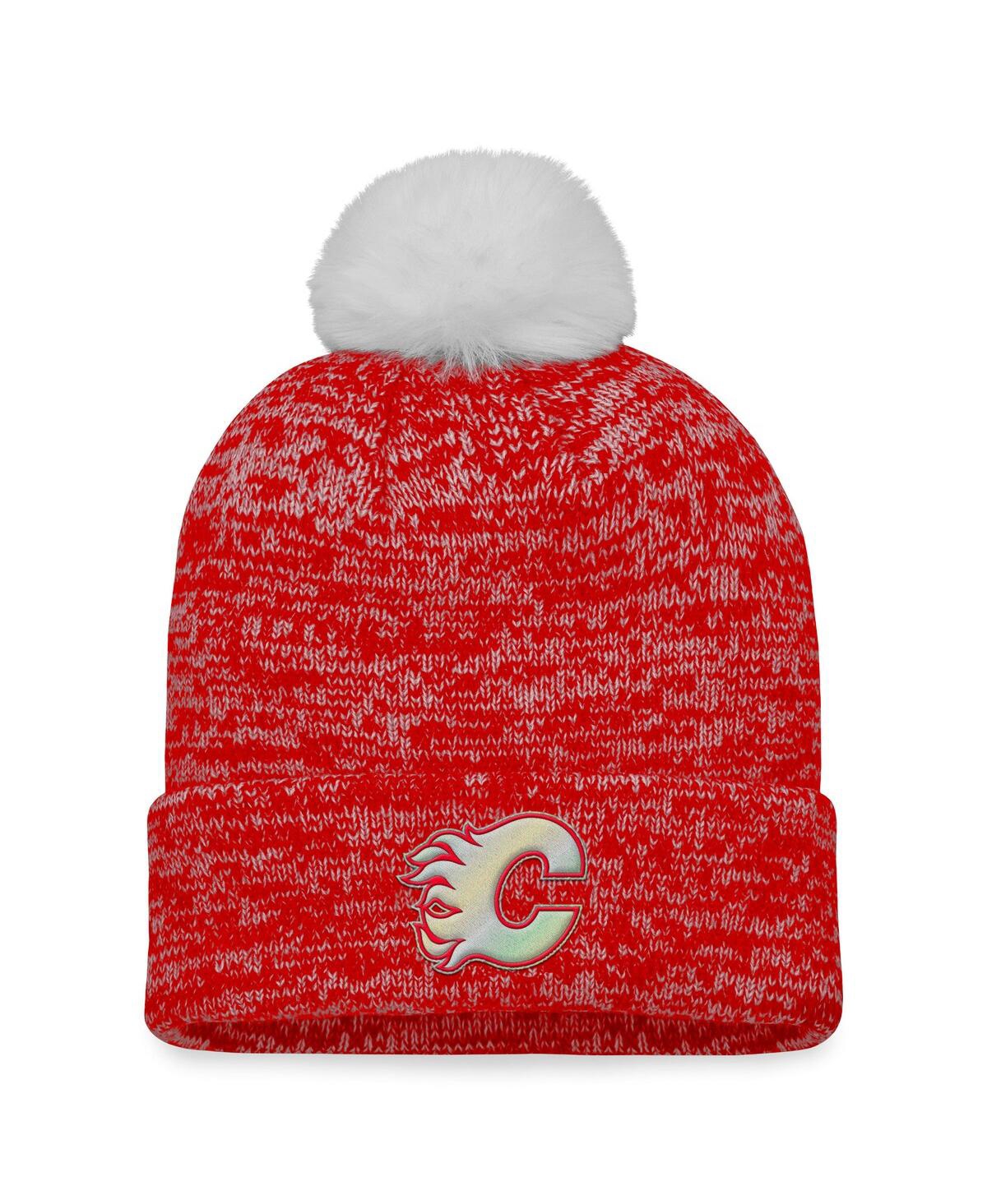 Shop Fanatics Women's  Red Calgary Flames Glimmer Cuffed Knit Hat With Pom