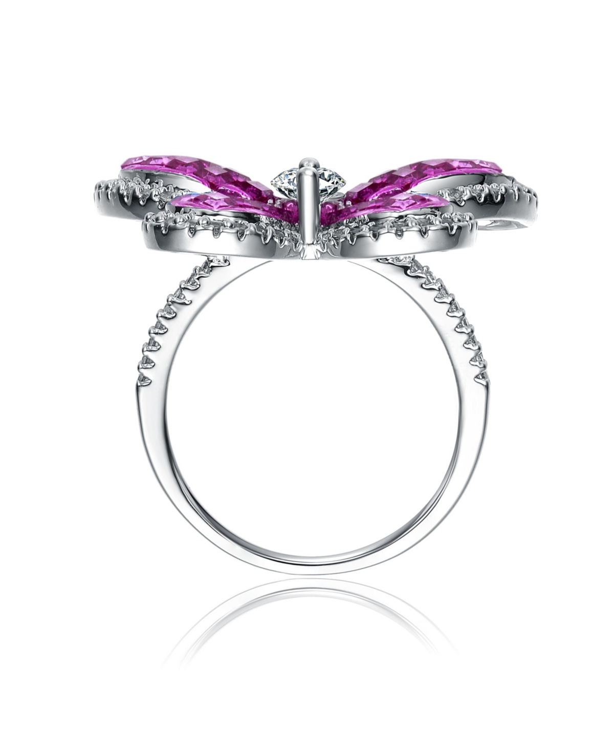 Genevive Sterling Silver with Rhodium Plated and Blue Cubic Zirconia Butterfly Ring