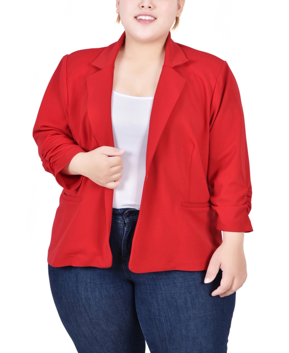 Ny Collection Plus Size Long Sleeve Scuba Crepe Jacket In Tango Red