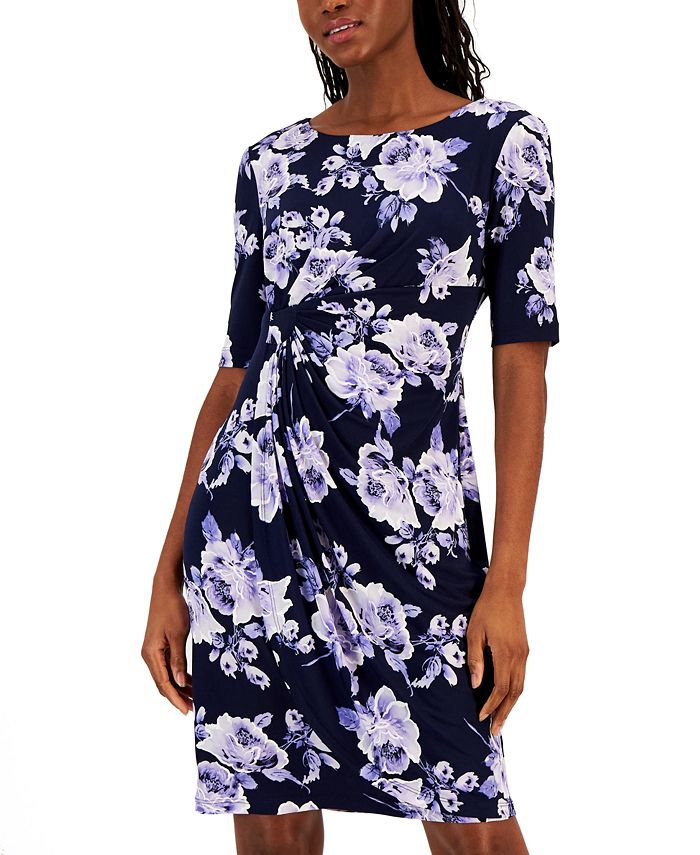 Connected Petite Floral-Print Gathered-Waist Jersey Dress - Macy's