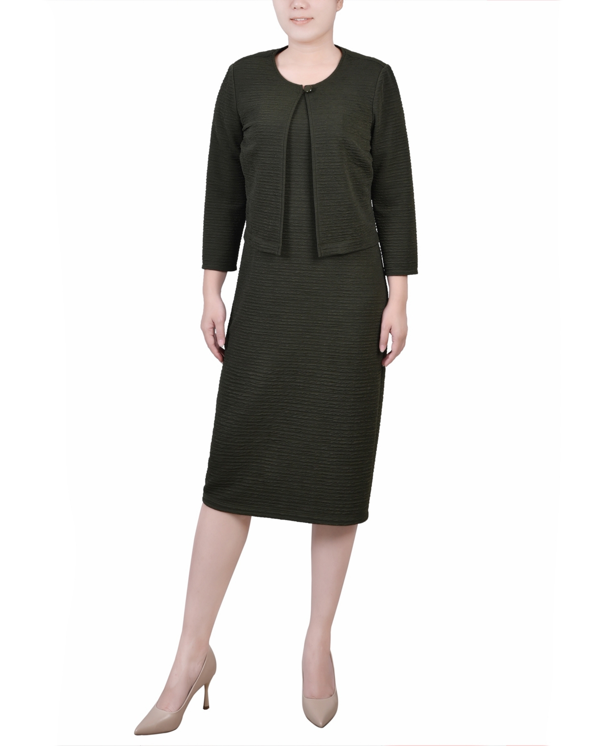 Ny Collection Women's Textured 3/4 Sleeve Two Piece Dress Set In Olive