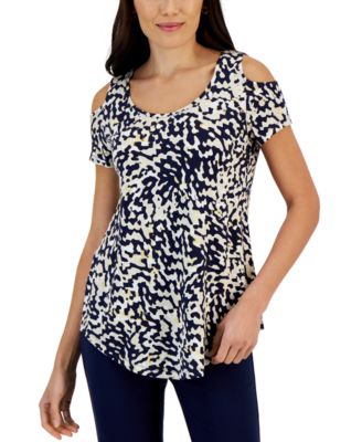 JM Collection - Women's Texture Waves Printed Cold-Shoulder Top