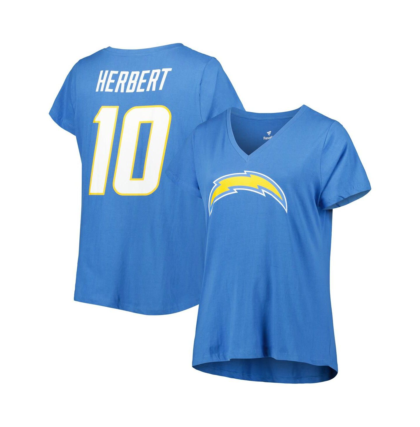 Женская футболка Fanatics Justin Herbert Powder Blue Los Angeles Chargers Plus Size Player Name and Number V-Neck — фото 1