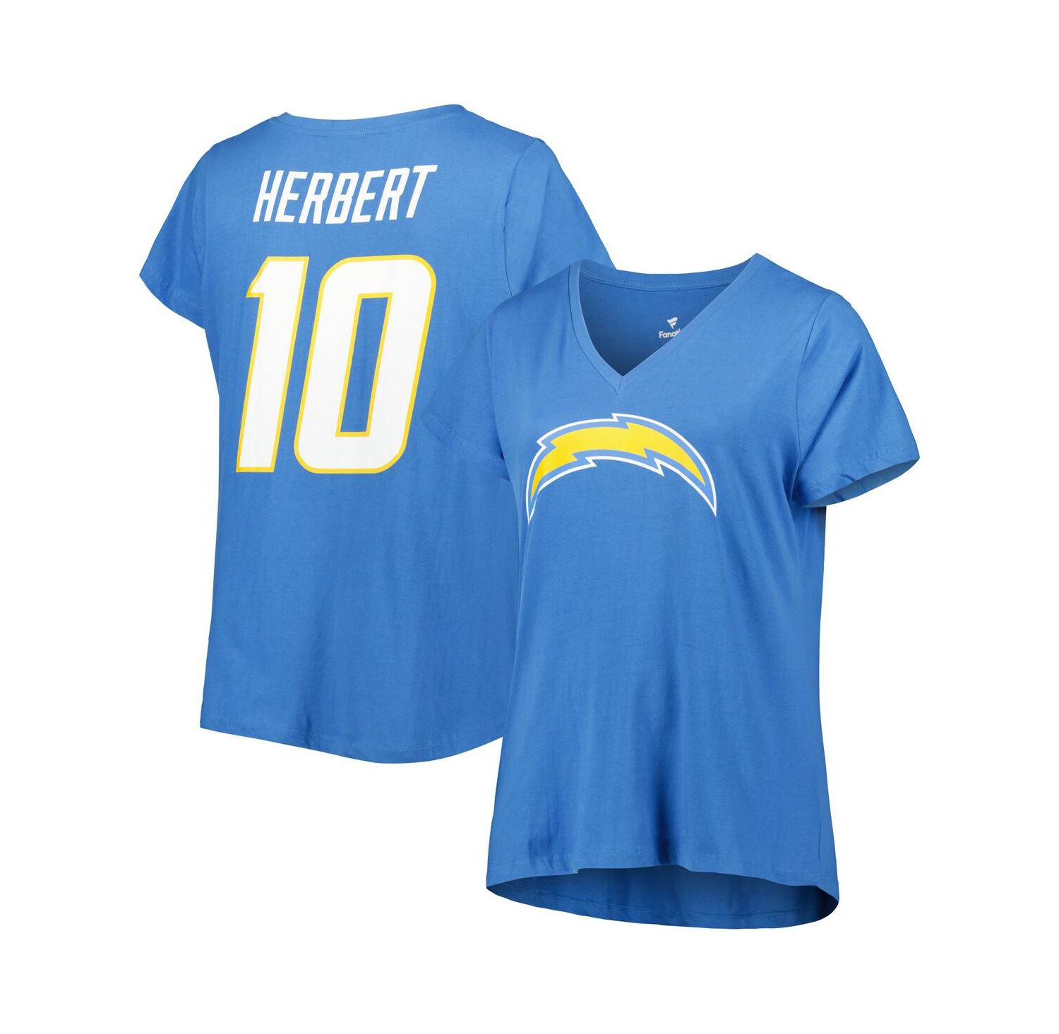 Women's Justin Herbert Powder Blue Los Angeles Chargers Plus Size Player Name and Number V-Neck T-shirt