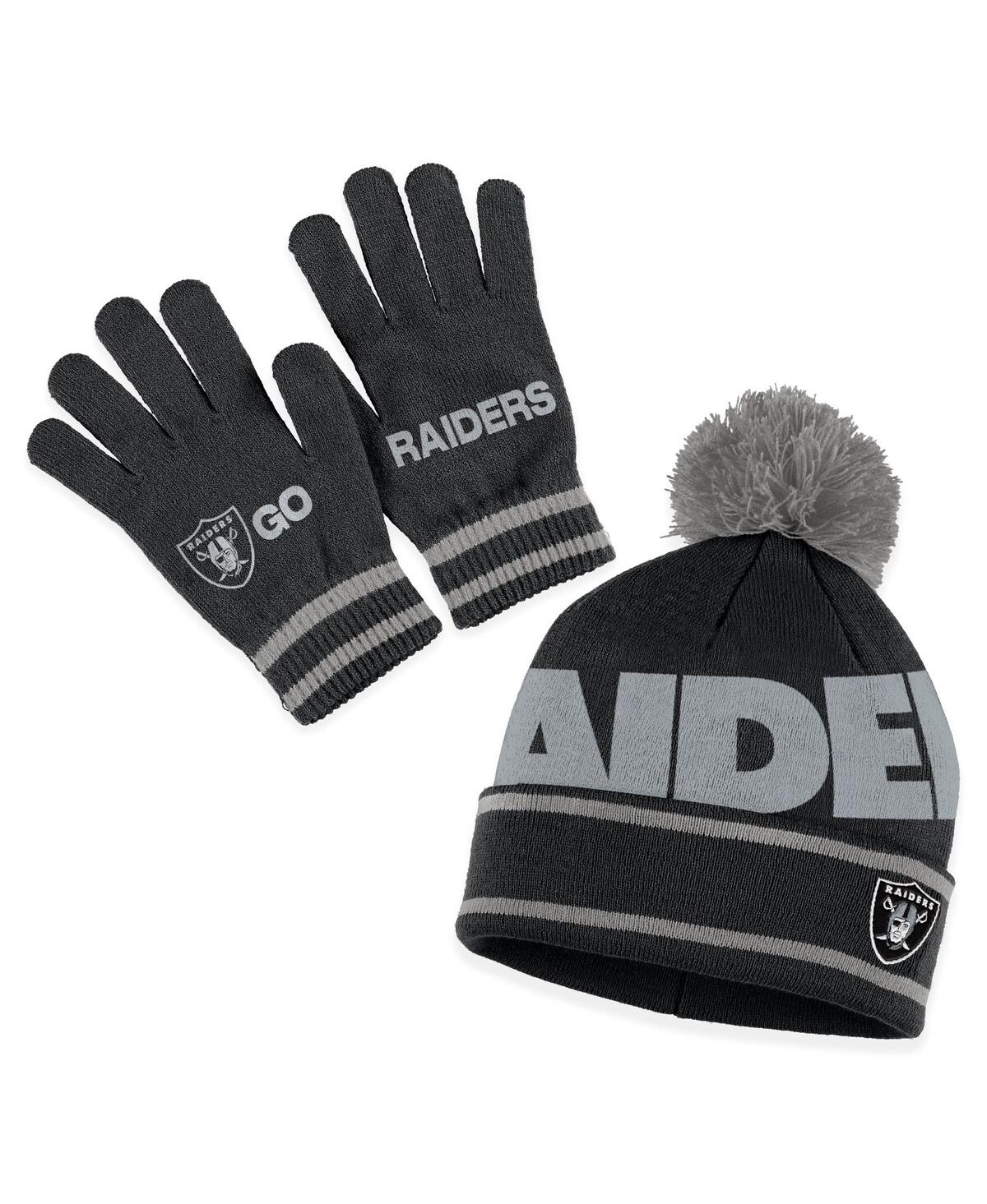 Women's Wear by Erin Andrews Black Las Vegas Raiders Double Jacquard Cuffed Knit Hat with Pom and Gloves Set - Black