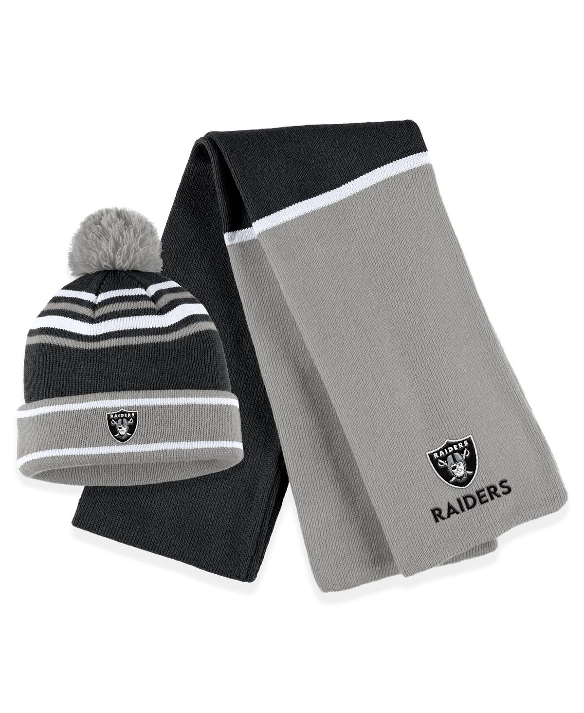 Shop Wear By Erin Andrews Women's  Black Las Vegas Raiders Colorblock Cuffed Knit Hat With Pom And Scarf S