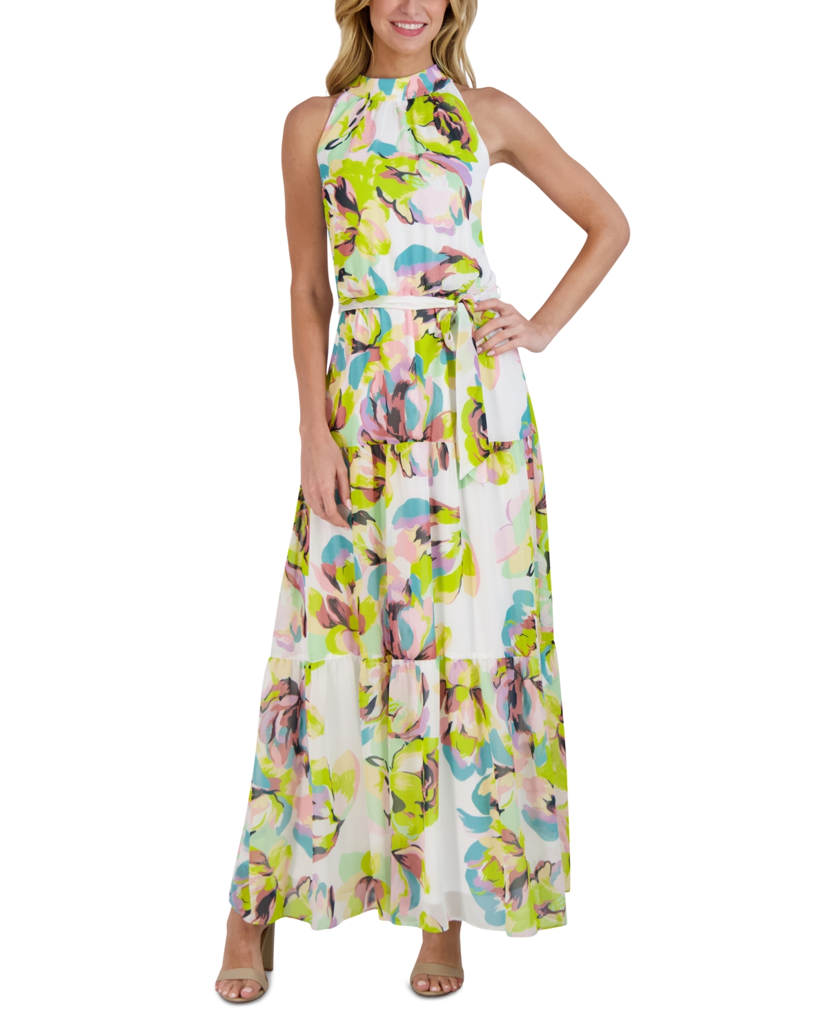 Shop Julia Jordan Mock-neck Tiered Printed Chiffon Maxi Dress In Ivory Multi