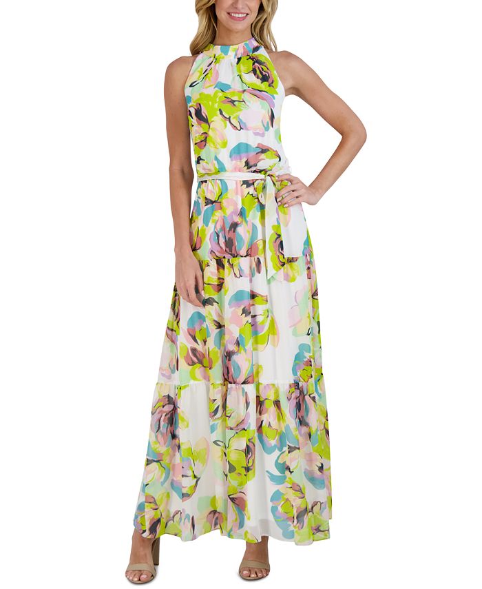 julia jordan Mock-Neck Tiered Printed Chiffon Maxi Dress - Macy's