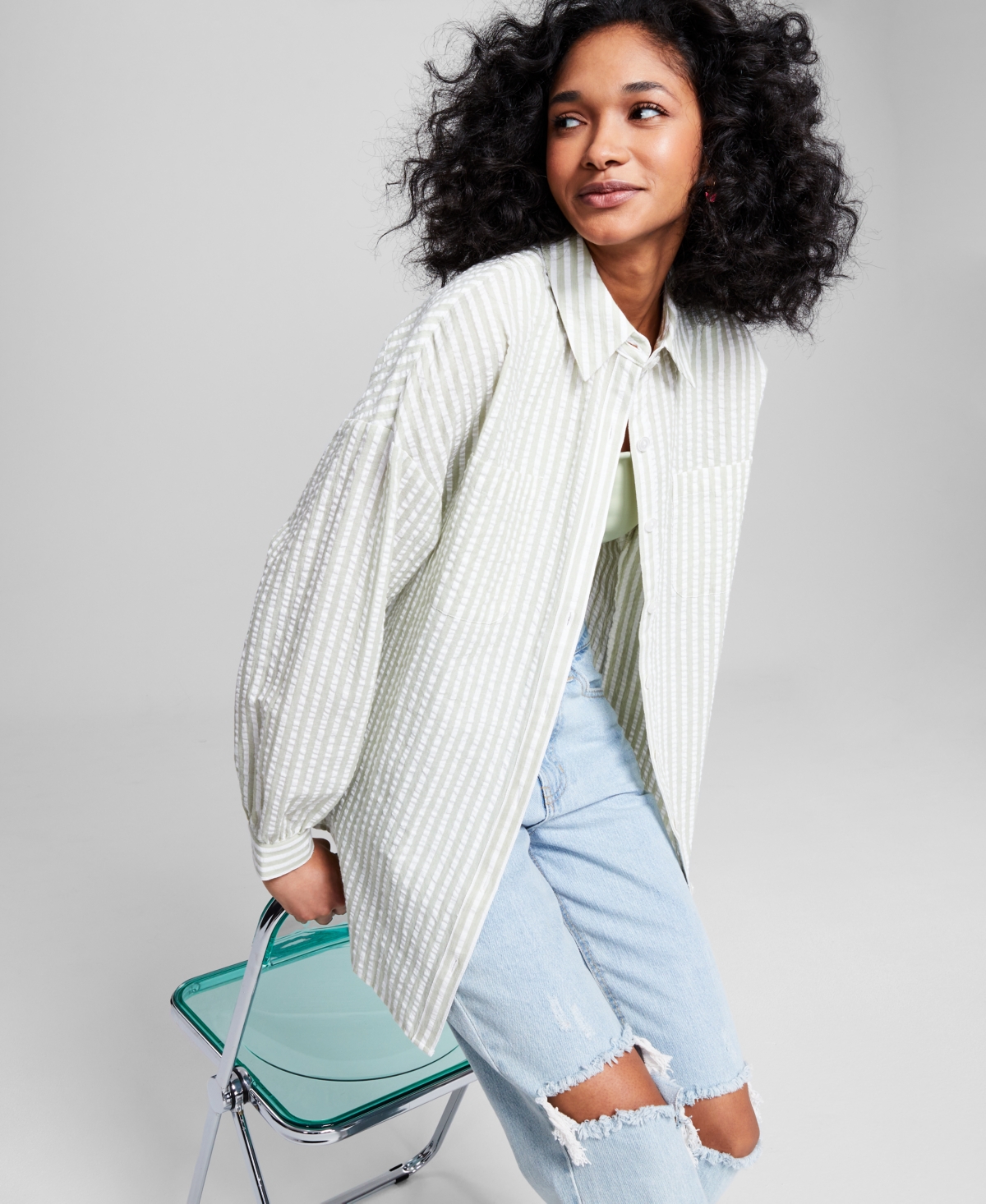 And Now This Women's Oversized Seersucker Button Down Shirt In Dusty Sage  White Stripe
