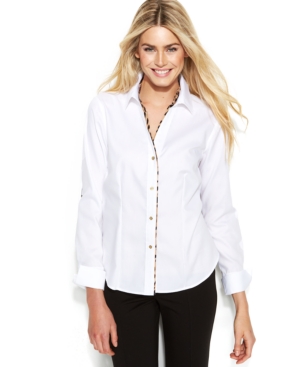 image of Calvin Klein Long-Sleeve Leopard-Trim Blouse