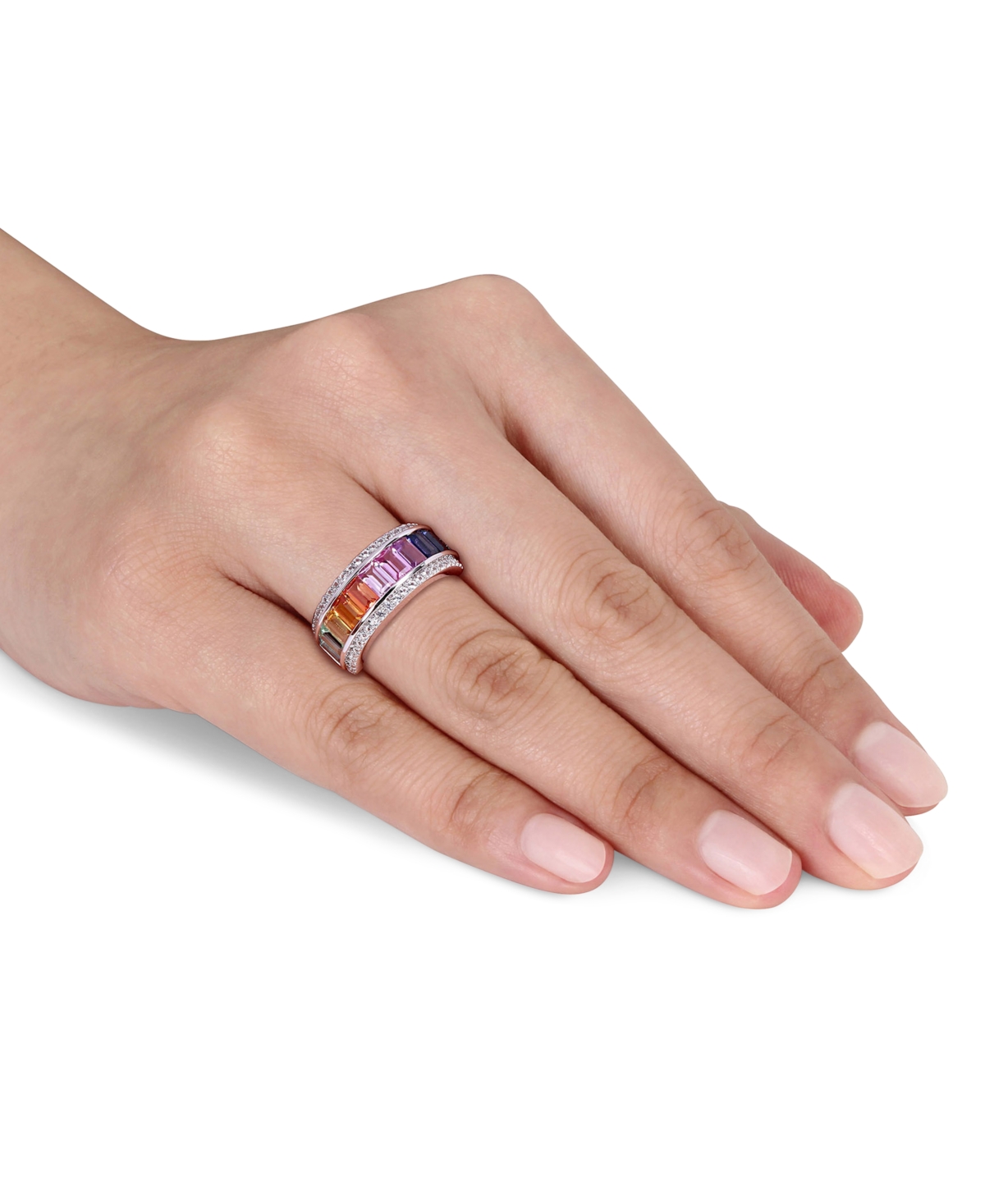 2-Pc. Set Lab-Grown Multi-Sapphire Baguette Ring & Matching Hoop Earrings (8-1/10 ct. t.w.) in Sterling Silver - Multi-Sapphire