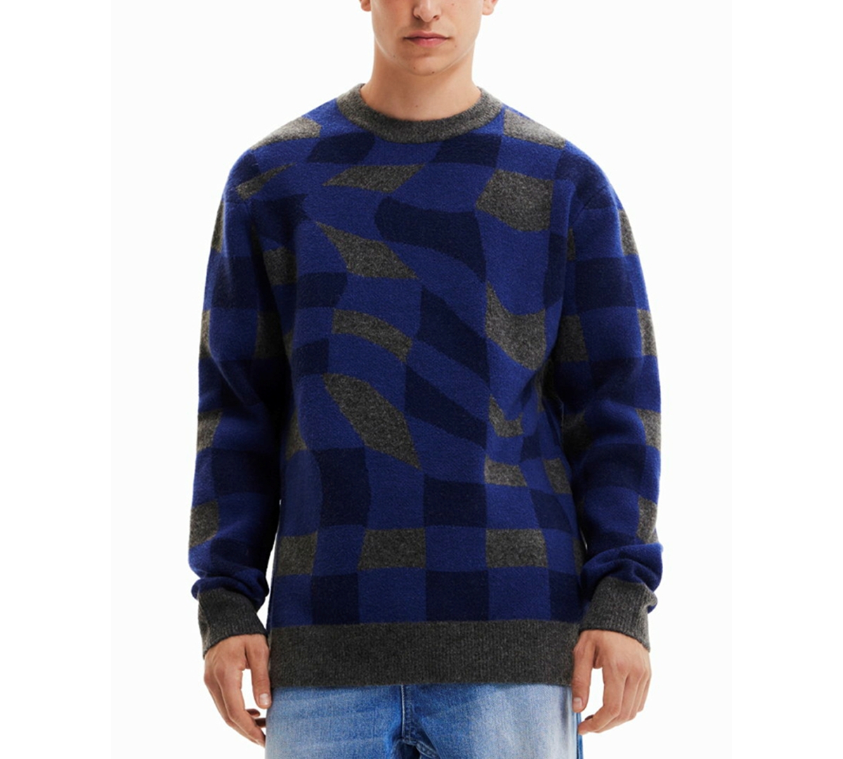 Desigual Men's Relaxed-Fit Wave Check Crewneck Sweater