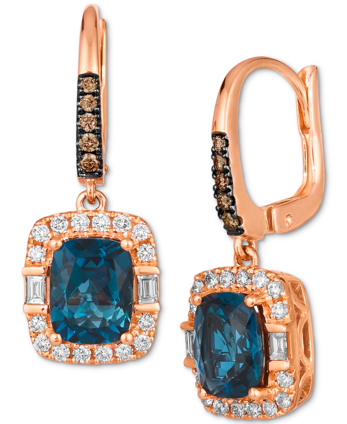 Le Vian Chocolatier Deep Sea Blue Topaz (2-1/2 ct. t.w.) & Diamond (1/2 ct. t.w.) Drop Earrings in 14k Rose Gold