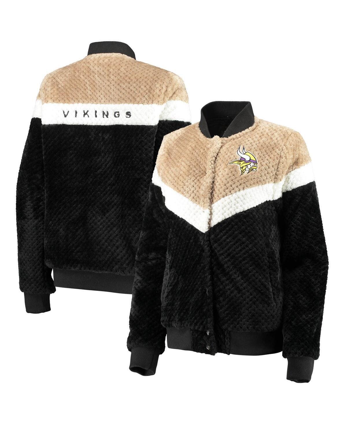 G-III 4HER BY CARL BANKS WOMEN'S G-III 4HER BY CARL BANKS BLACK, CREAM MINNESOTA VIKINGS RIOT SQUAD SHERPA FULL-SNAP JACKET 