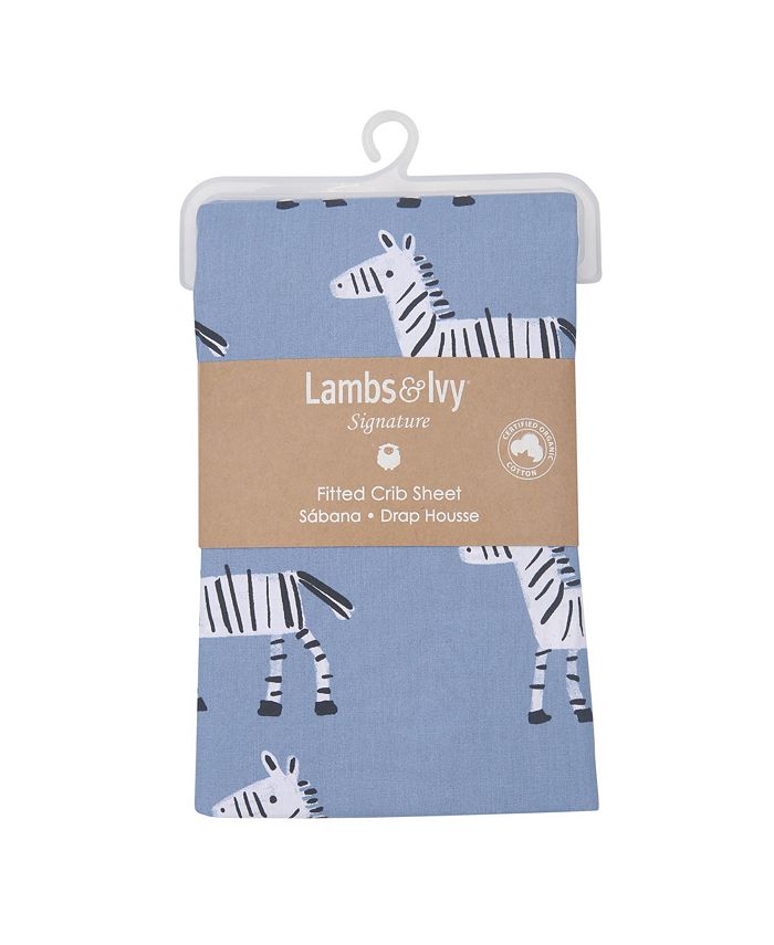 Lambs & Ivy Signature Zebra Blue Organic Cotton Breathable Fitted Crib