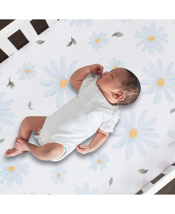 Lambs & Ivy Sweet Daisy 100 Cotton White/Blue Floral Baby Fitted Crib