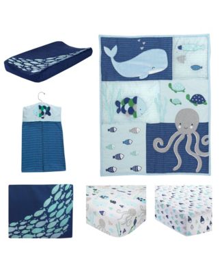 Oceania Blue/Gray/White Whale with Octopus and Fish Nautical Ocean 6-Piece Nursery Baby Crib Bedding Set