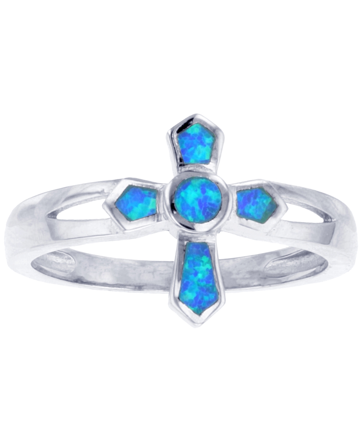 Macy's Lab-created Opal Inlay Cross Ring In Sterling Silver In Blue Opal