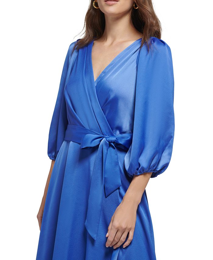 DKNY 3/4-Sleeve Belted Faux-Wrap Gown - Macy's