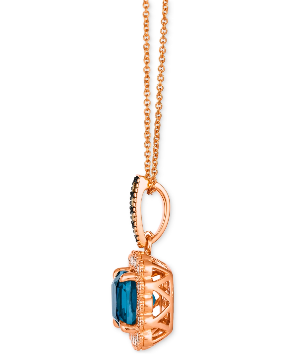 Le Vian Deep Sea Blue Topaz (2-1/2 ct. t.w.) & Diamond (1/2 ct. t.w.) Cushion Halo Pendant Necklace in 14k Rose Gold, 18