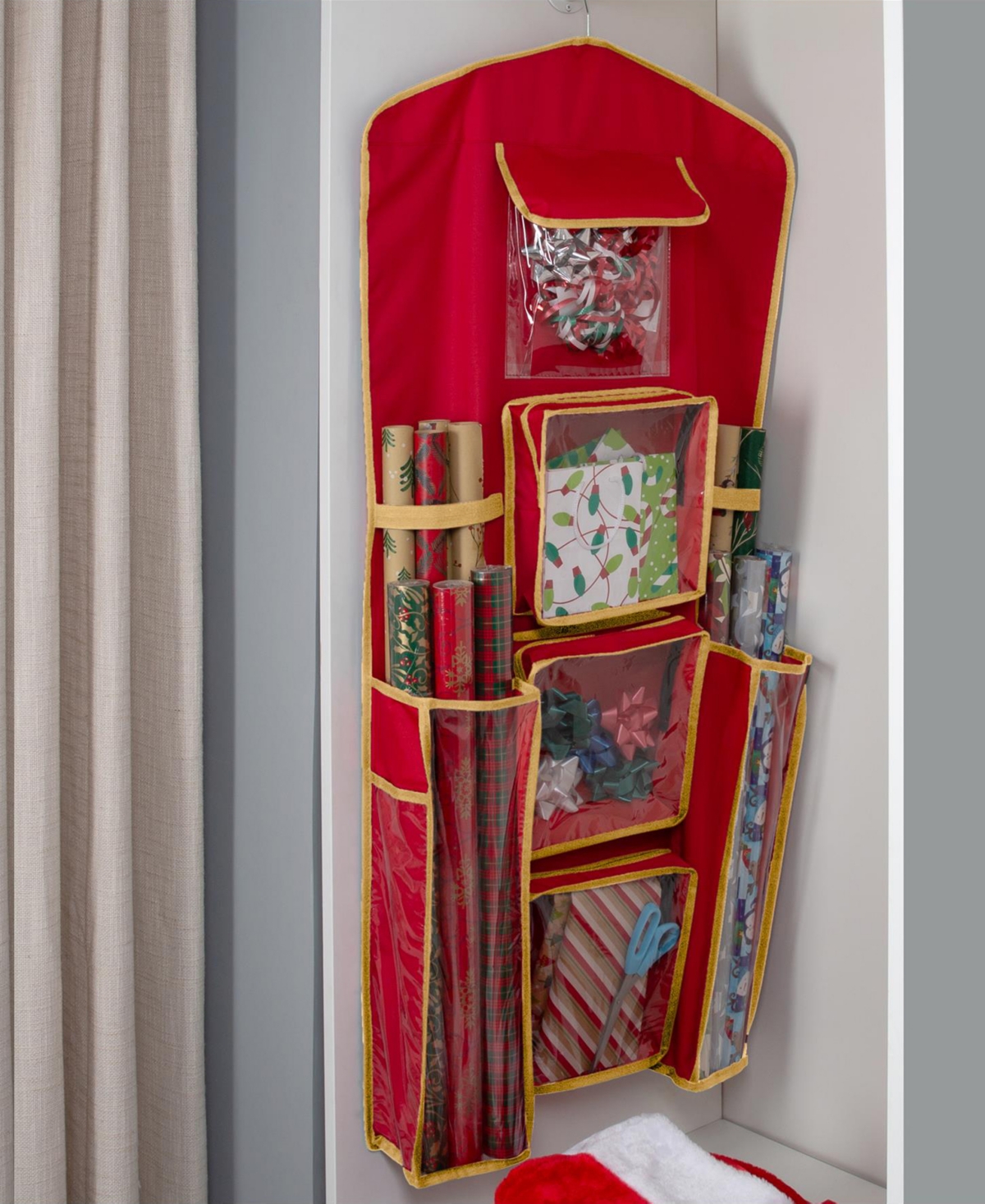 Simplify 8 Compartment Hanging Holiday Gift Wrap Organizer In Red