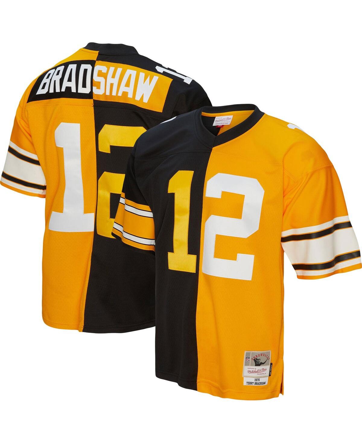 Men's Mitchell & Ness Terry Bradshawand Gold Pittsburgh Steelers 1976 Split Legacy Replica Jersey - Black, Gold