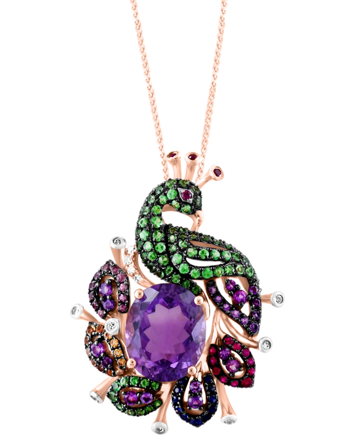 Lali Jewels Multi-gemstone (4-1/3 Ct. T.w.) Peacock Pendant Necklace In 14k Rose Gold, 16" + 2" Extender