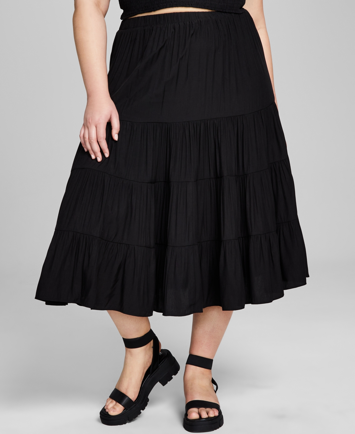 Shop And Now This Plus Size Pull-on Tiered Midi Skirt In Black